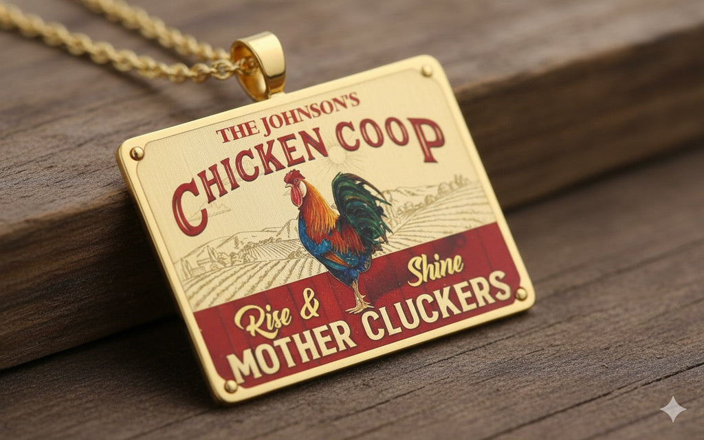 Farm Chicken Coop Rise And Shine, Personalized Custom Chicken 10k Gold Pendant, Gift for Farmer 70