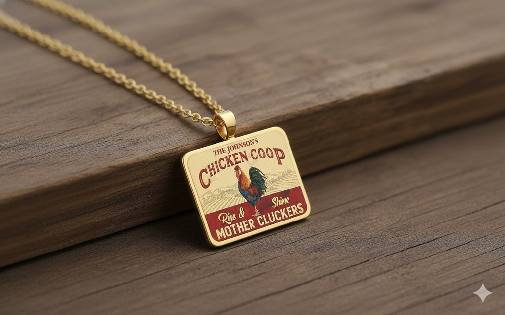 Farm Chicken Coop Rise And Shine, Personalized Custom Chicken 10k Gold Pendant, Gift for Farmer 70